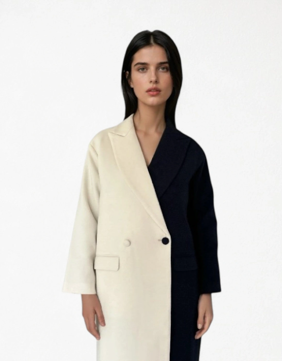Navy And White Wool Double Breasted Trench Coat