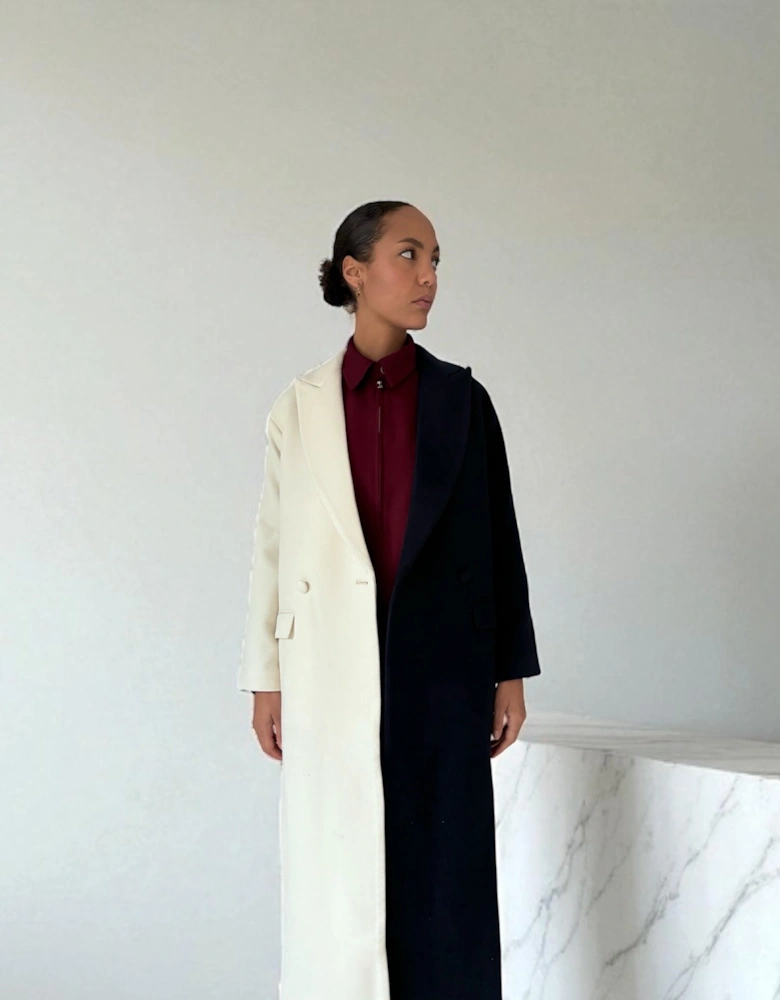 Navy And White Wool Double Breasted Trench Coat