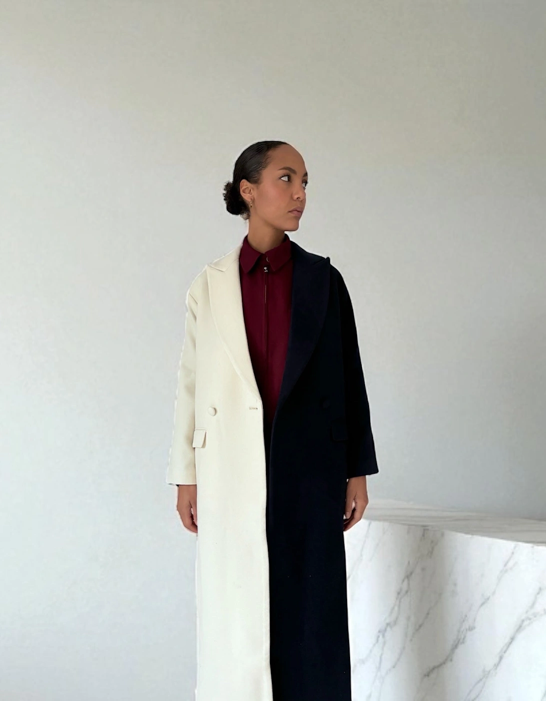 Navy And White Wool Double Breasted Trench Coat