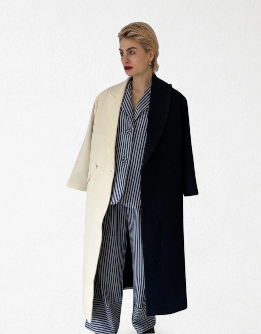 Navy And White Wool Double Breasted Trench Coat