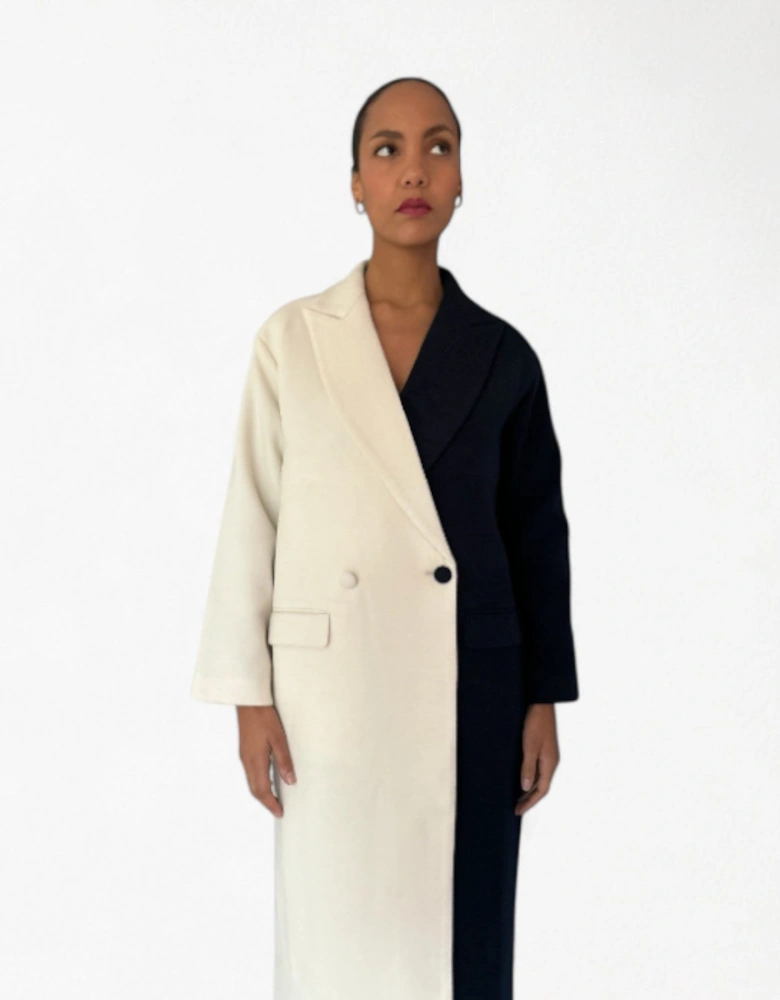 Navy And White Wool Double Breasted Trench Coat