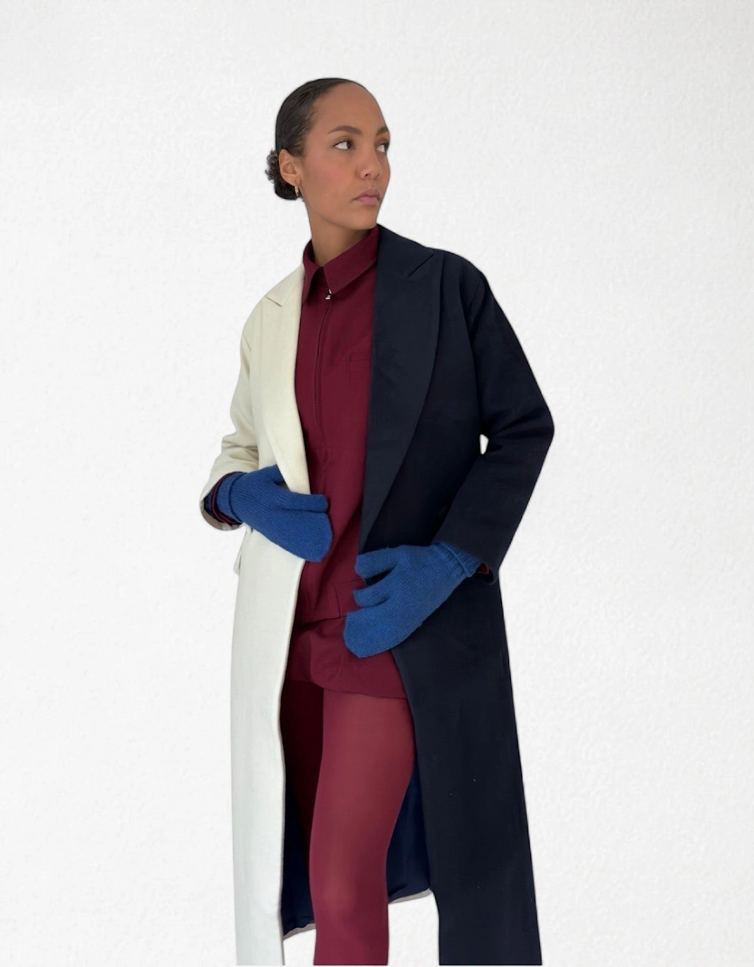 Navy And White Wool Double Breasted Trench Coat