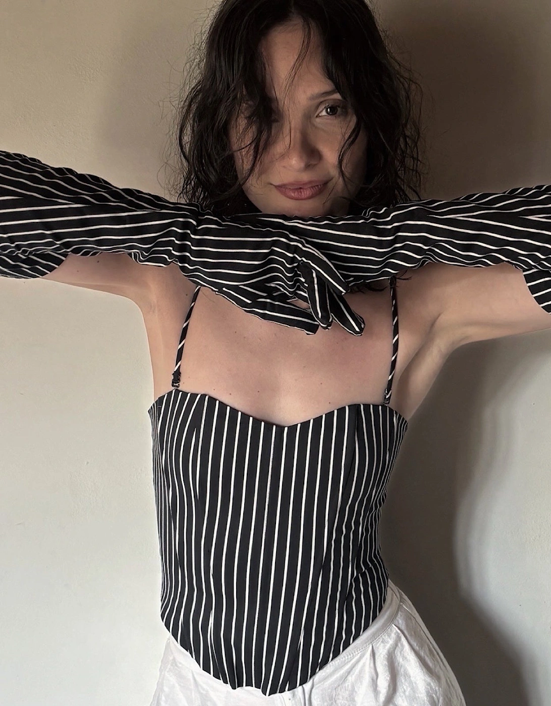Black Pinstripes Sweetheart Corset With Long Gloves