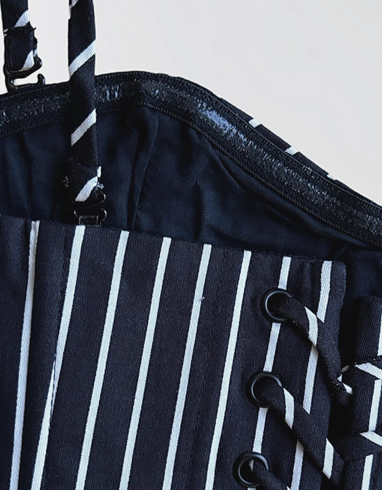 Black Pinstripes Sweetheart Corset With Long Gloves