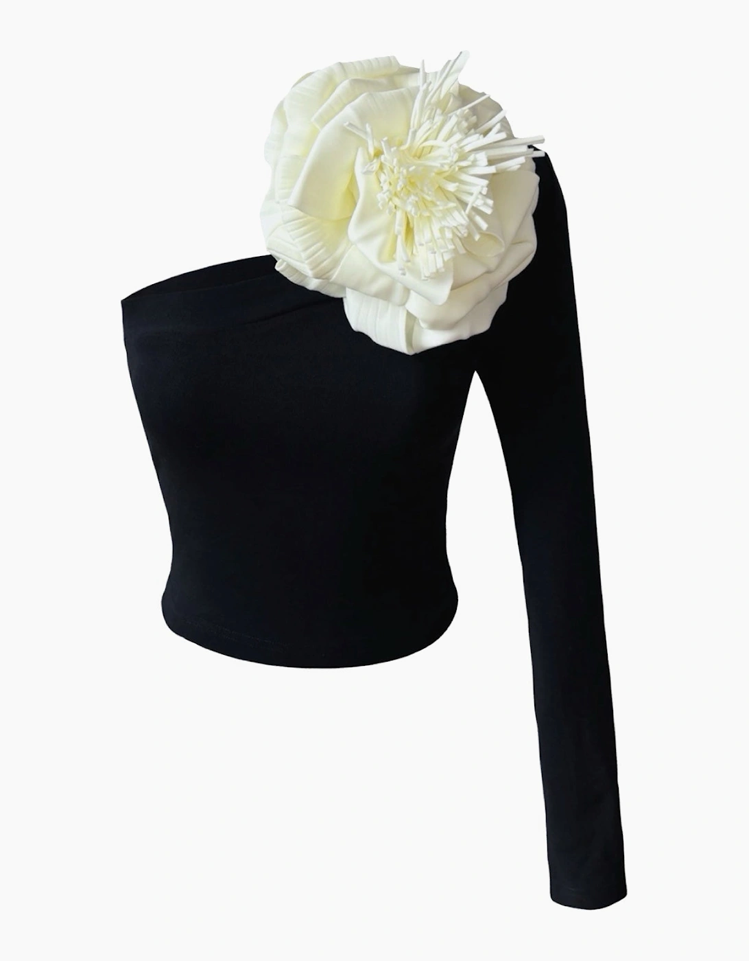 Black One Sleeve Top With White Flower Pin