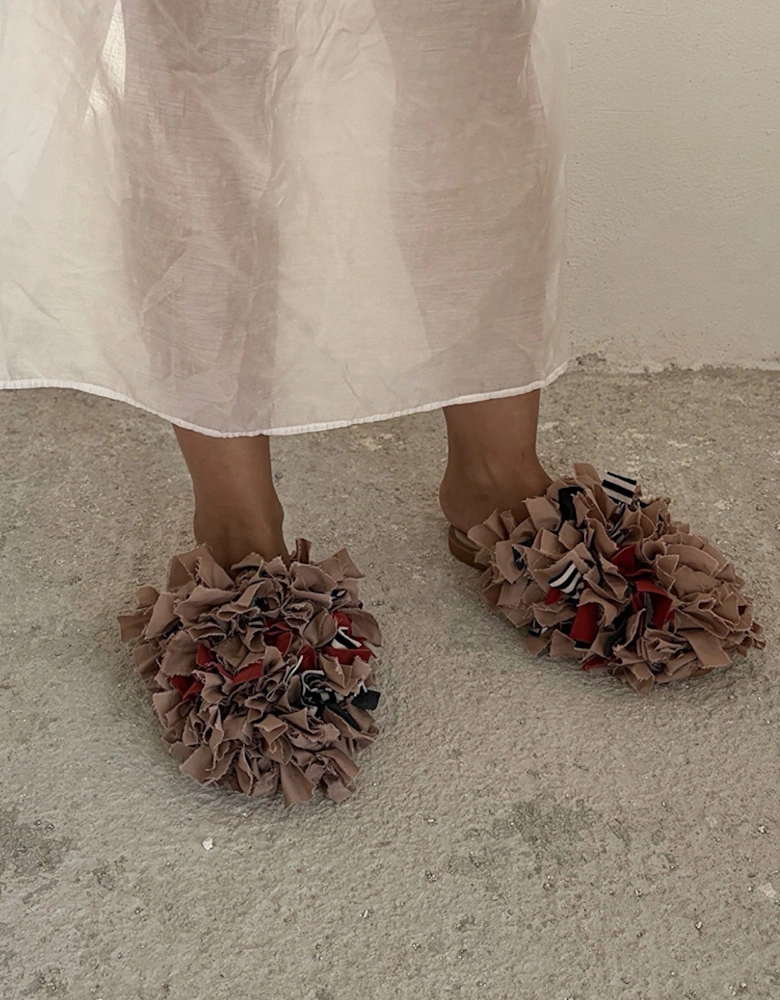 Pom Pom Blush Fabric and Leather Mules Slip On Shoes