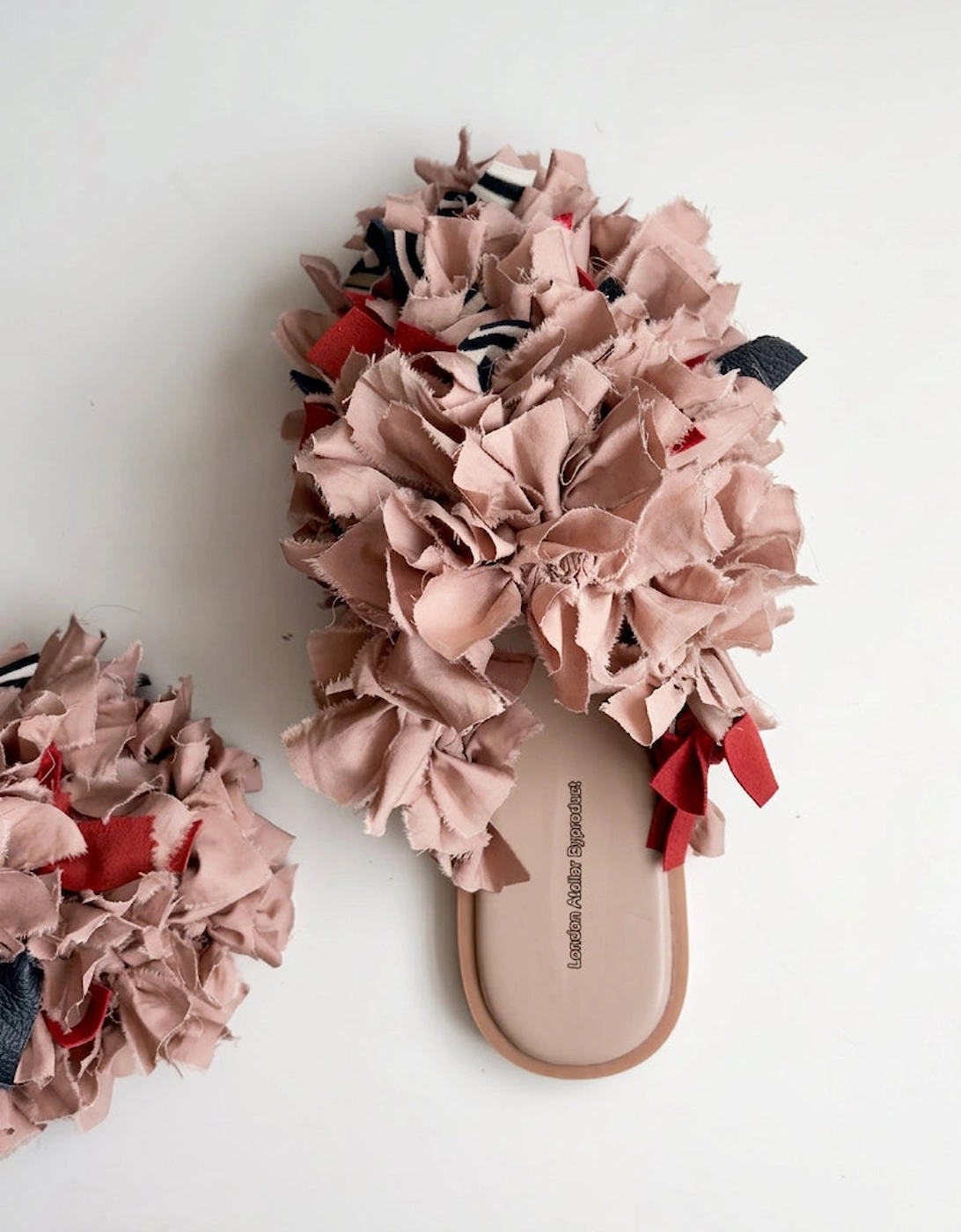 Pom Pom Blush Fabric and Leather Mules Slip On Shoes