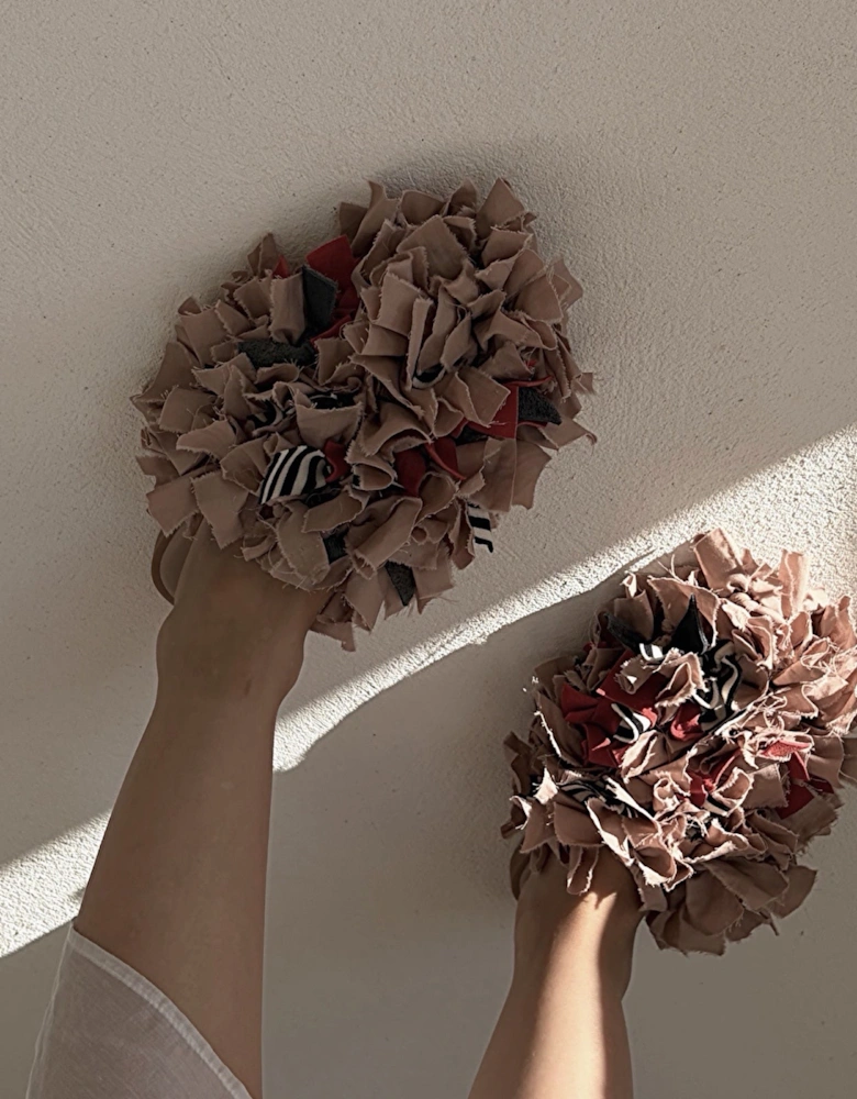 Pom Pom Blush Fabric and Leather Mules Slip On Shoes