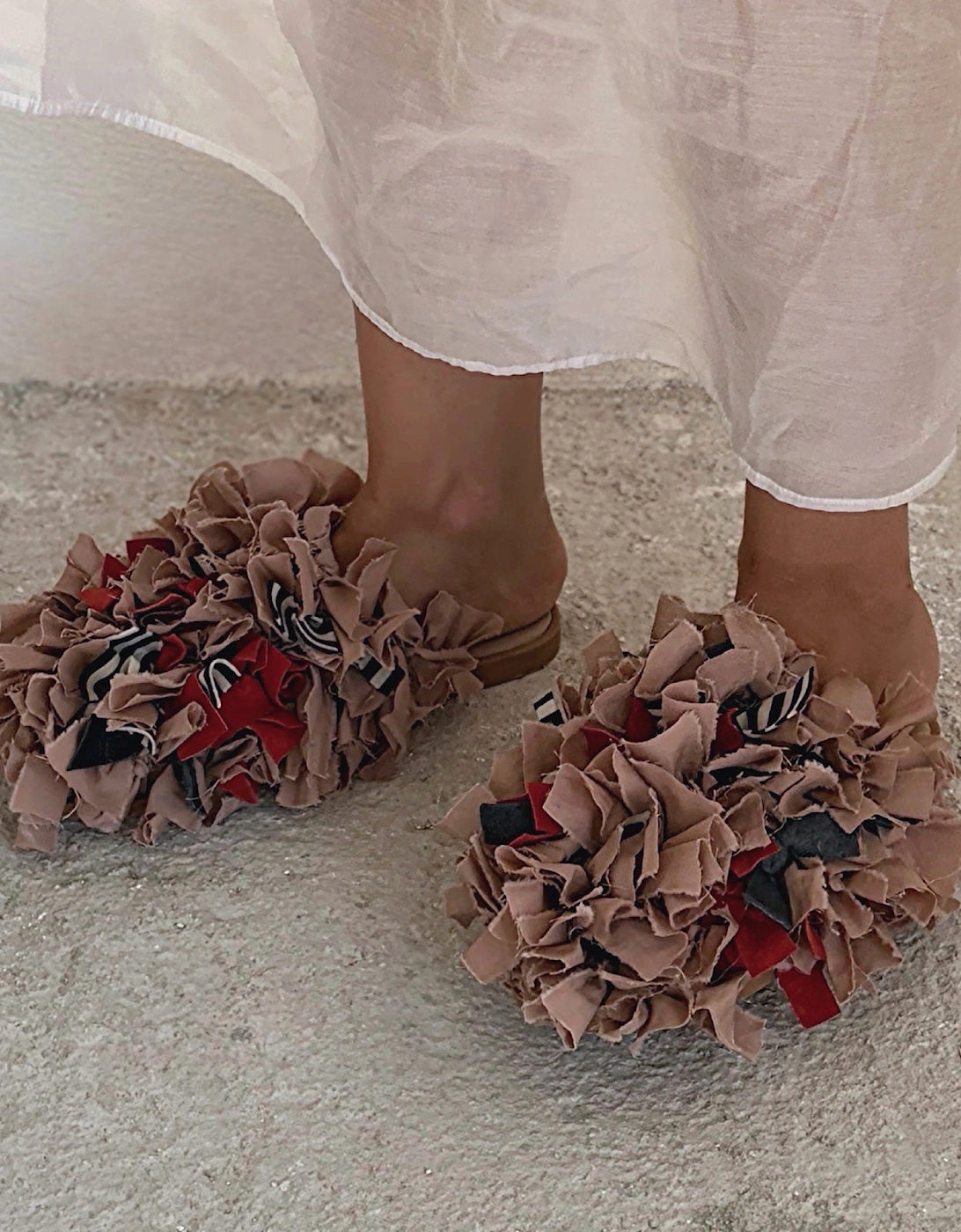Pom Pom Blush Fabric and Leather Mules Slip On Shoes