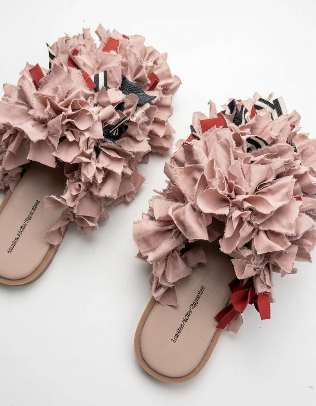 Pom Pom Blush Fabric and Leather Mules Slip On Shoes