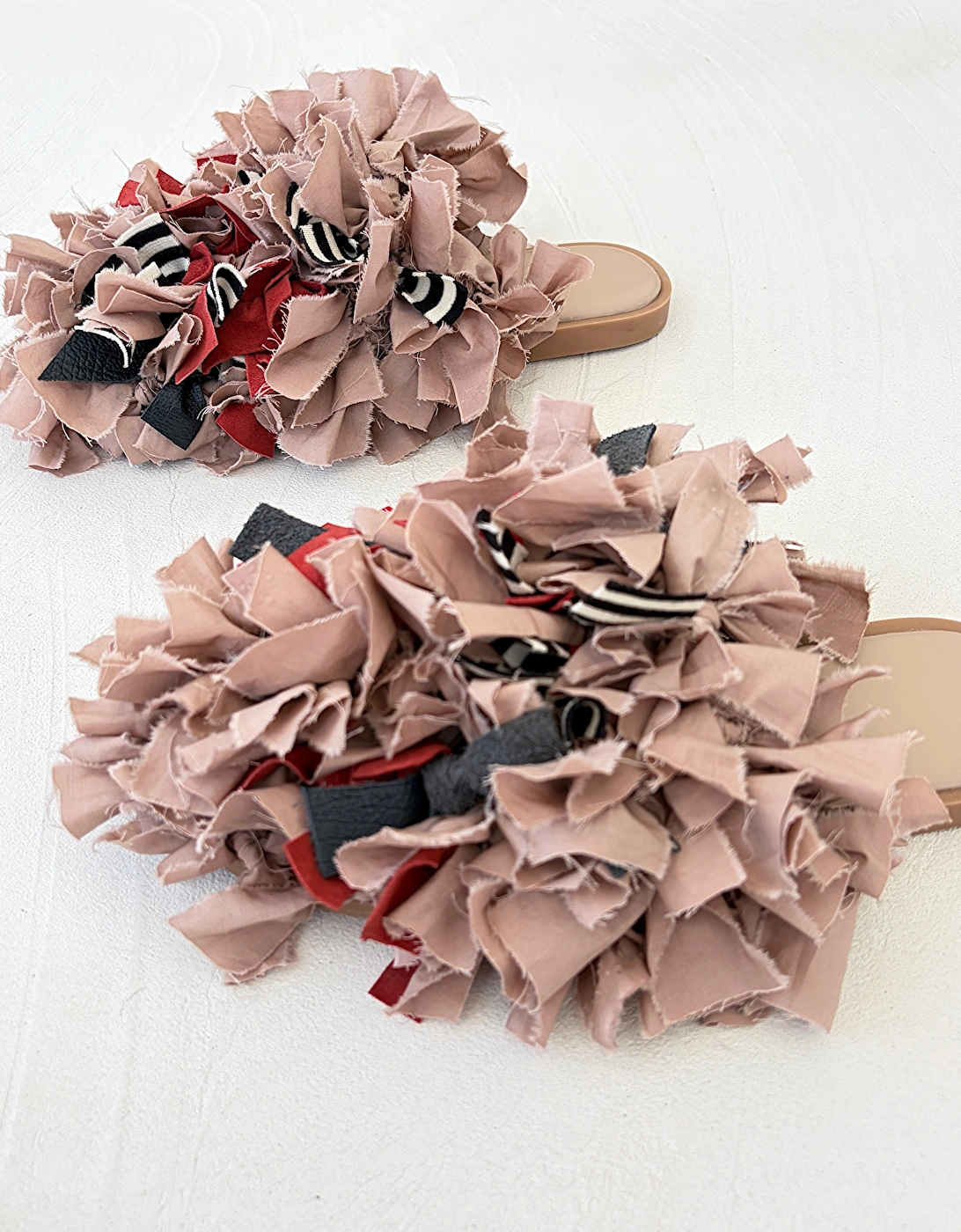 Pom Pom Blush Fabric and Leather Mules Slip On Shoes