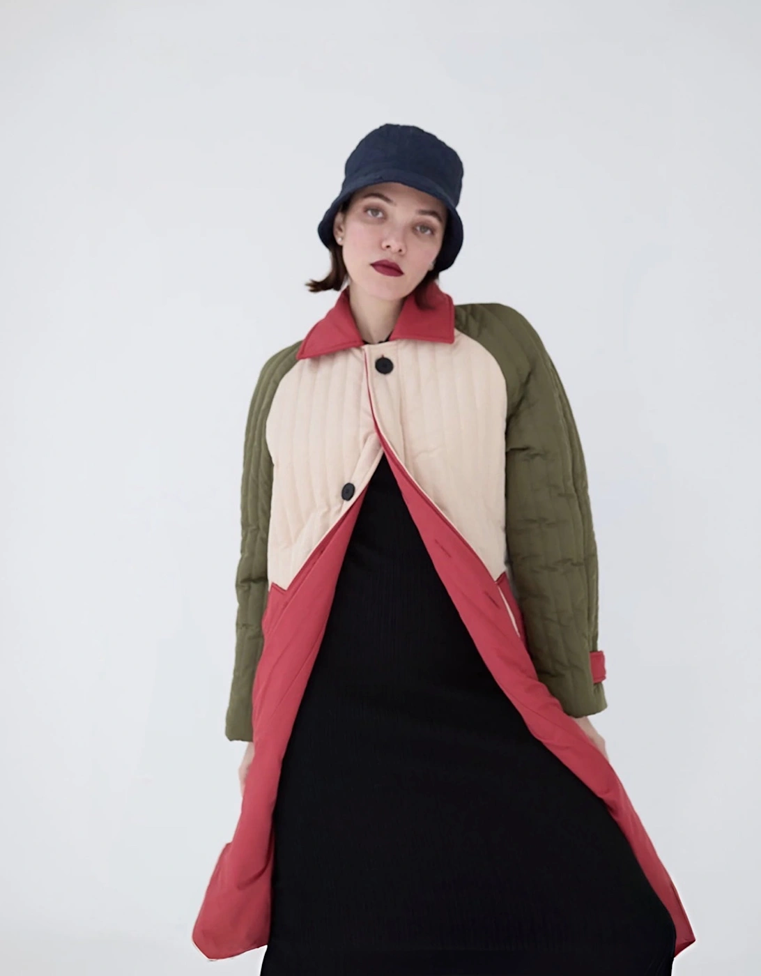 Beige Khaki Patchwork Block Quilt Long Jacket