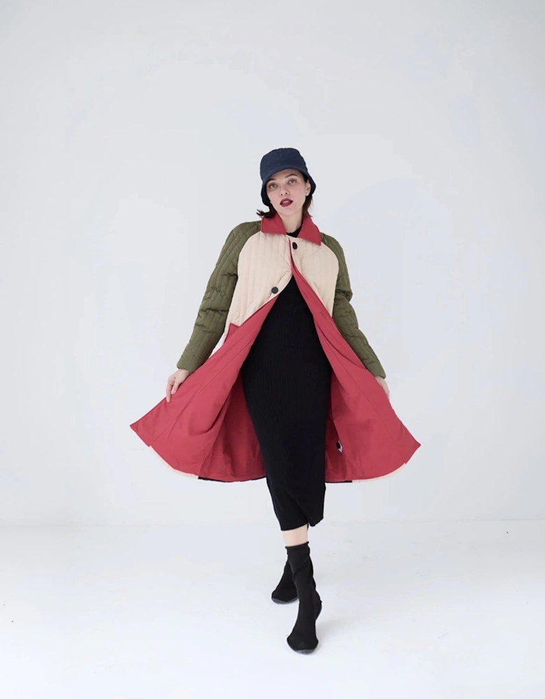 Beige Khaki Patchwork Block Quilt Long Jacket