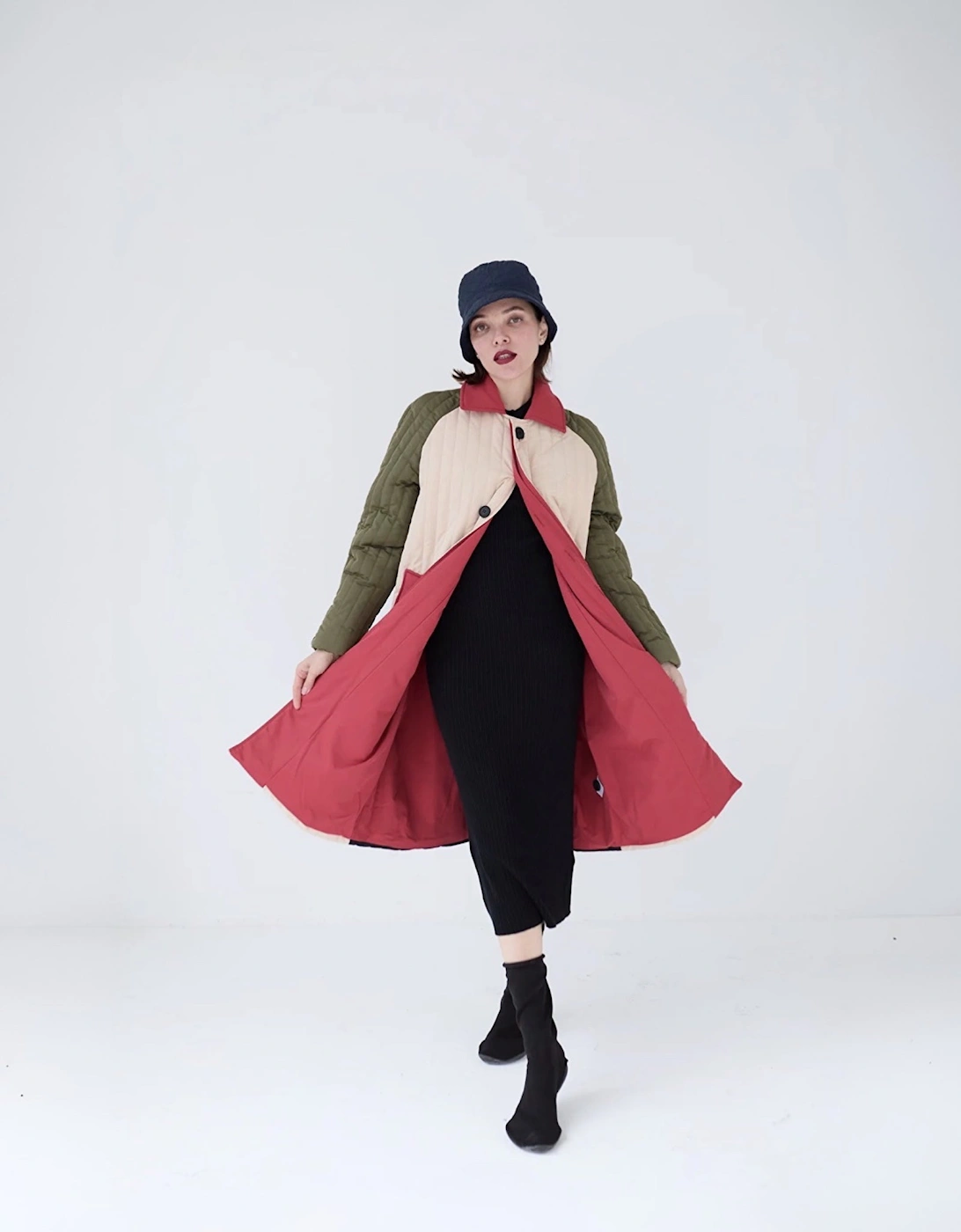 Beige Khaki Patchwork Block Quilt Long Jacket
