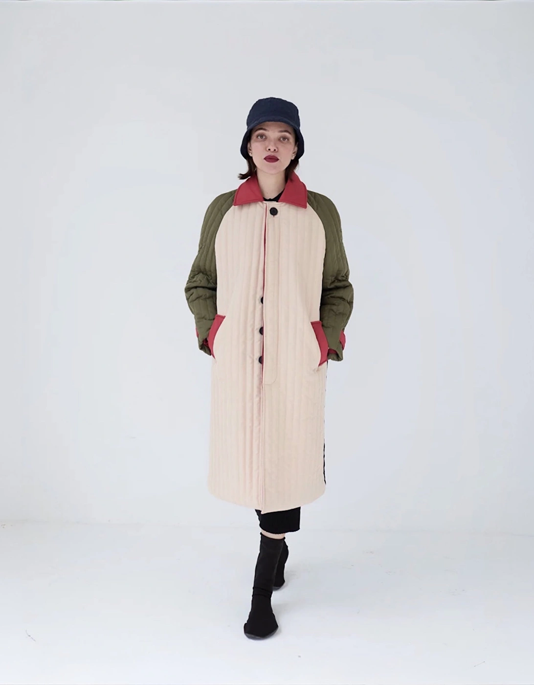 Beige Khaki Patchwork Block Quilt Long Jacket