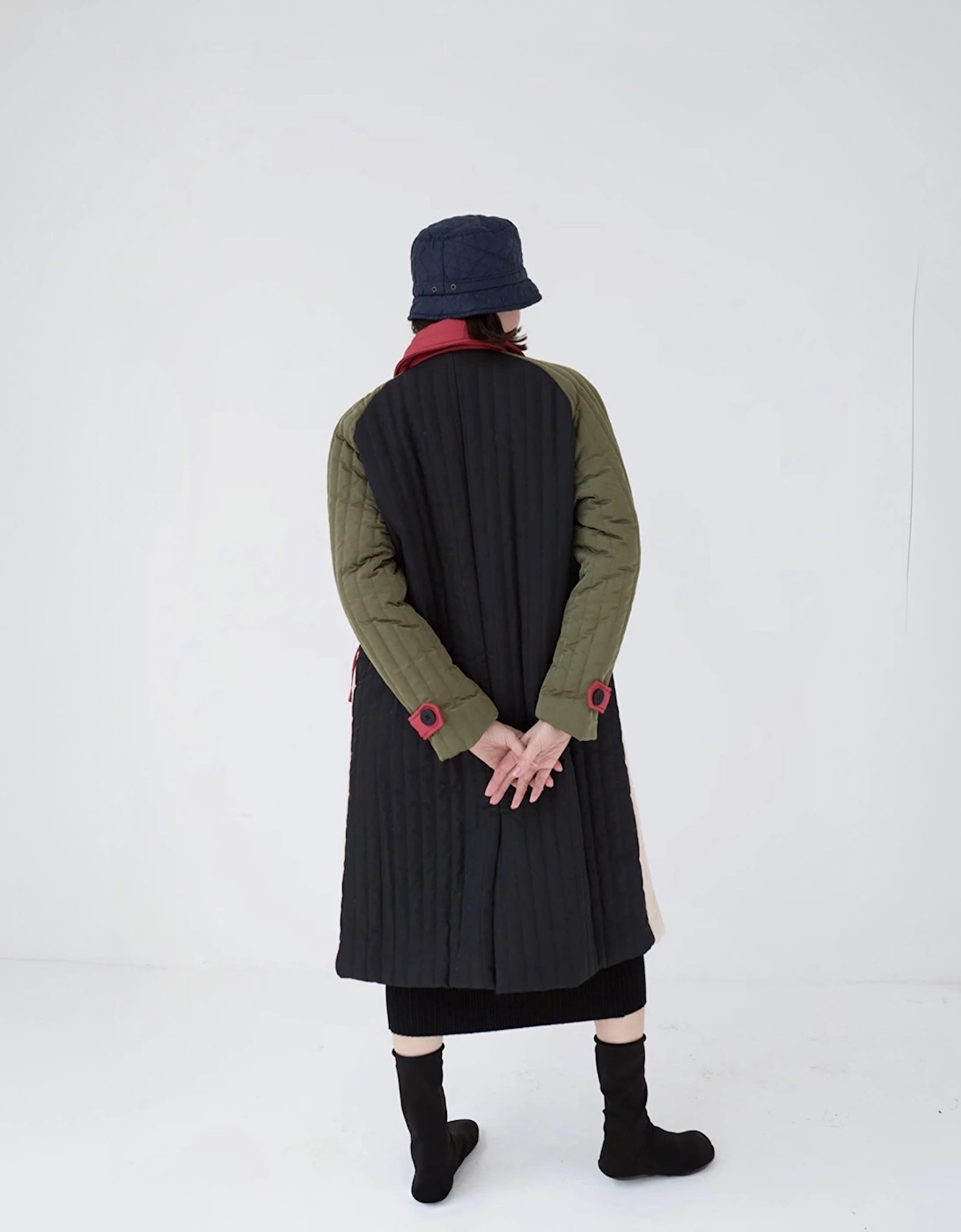 Beige Khaki Patchwork Block Quilt Long Jacket
