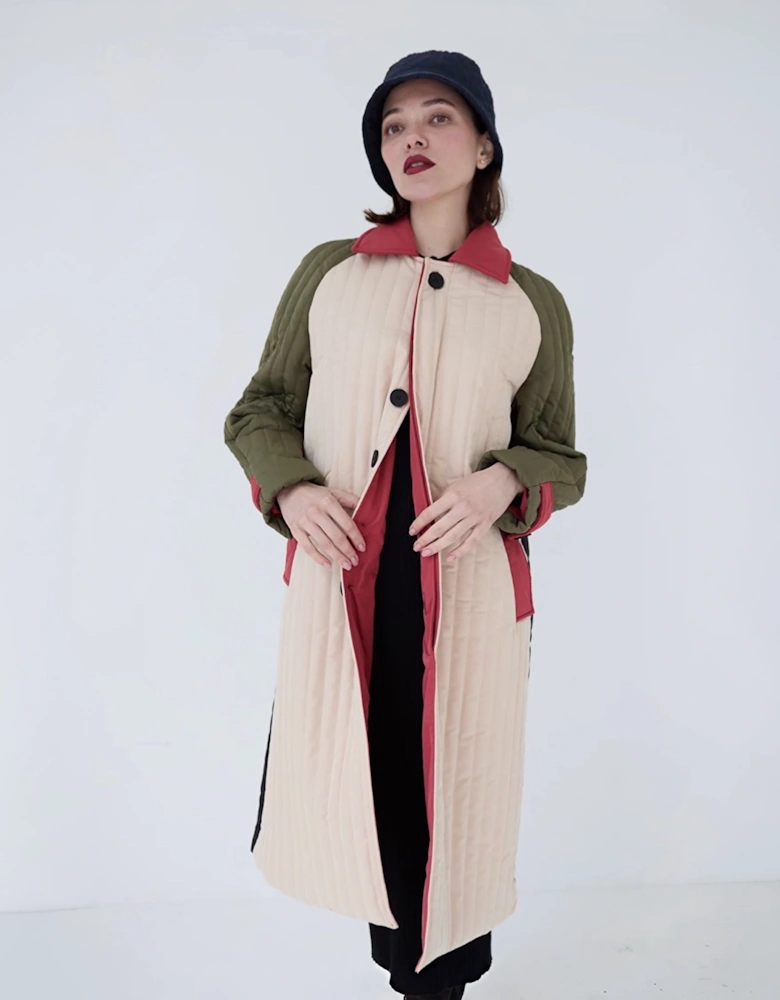 Beige Khaki Patchwork Block Quilt Long Jacket