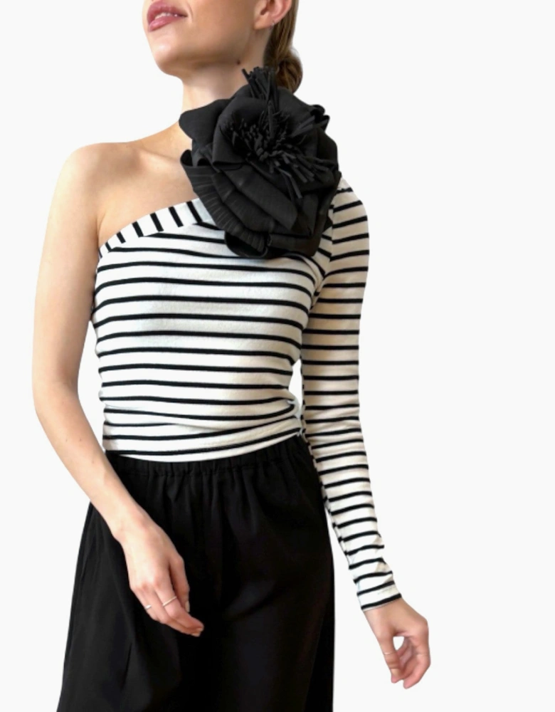 Striped One Sleeve Top With Black Flower Pin
