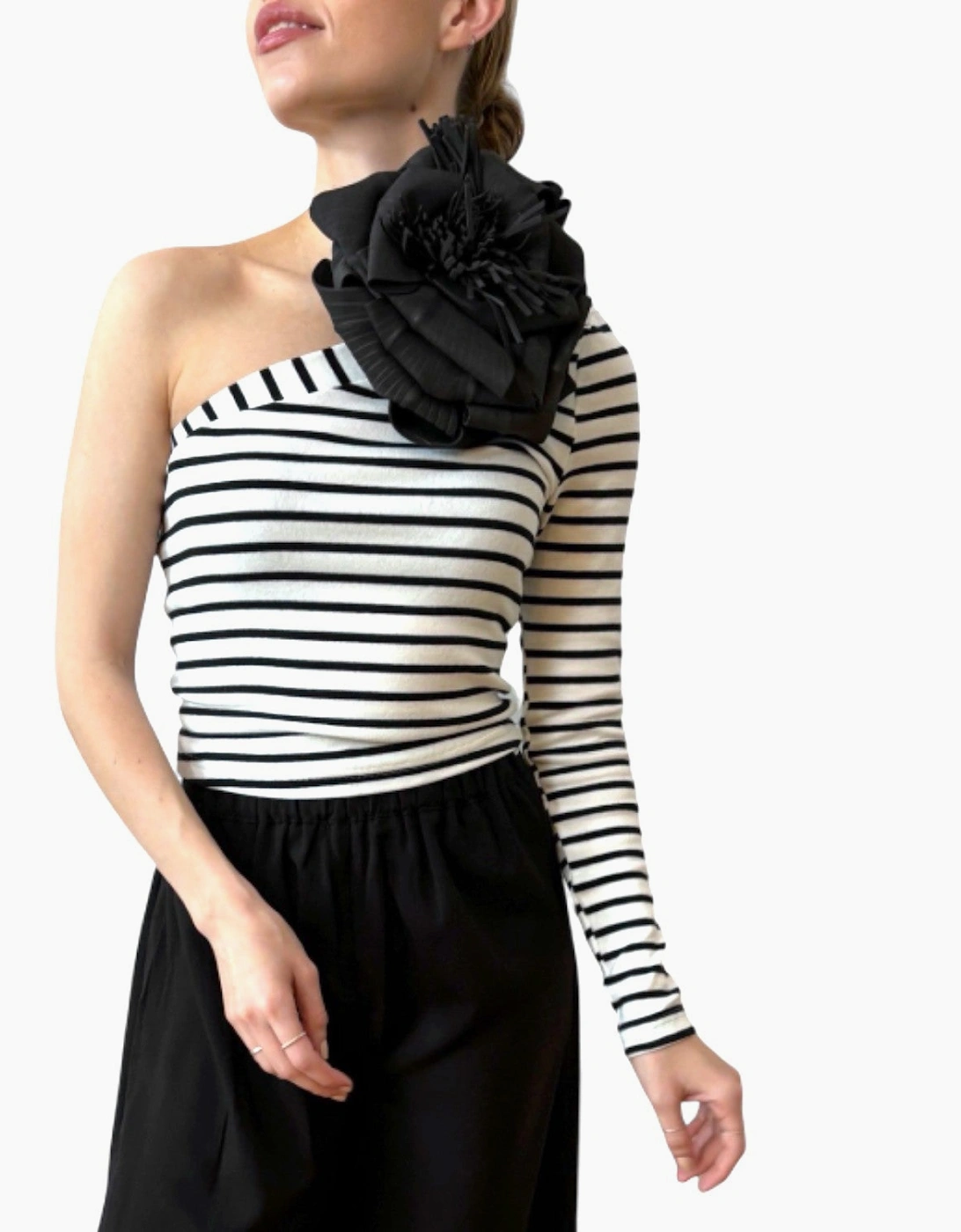 Striped One Sleeve Top With Black Flower Pin