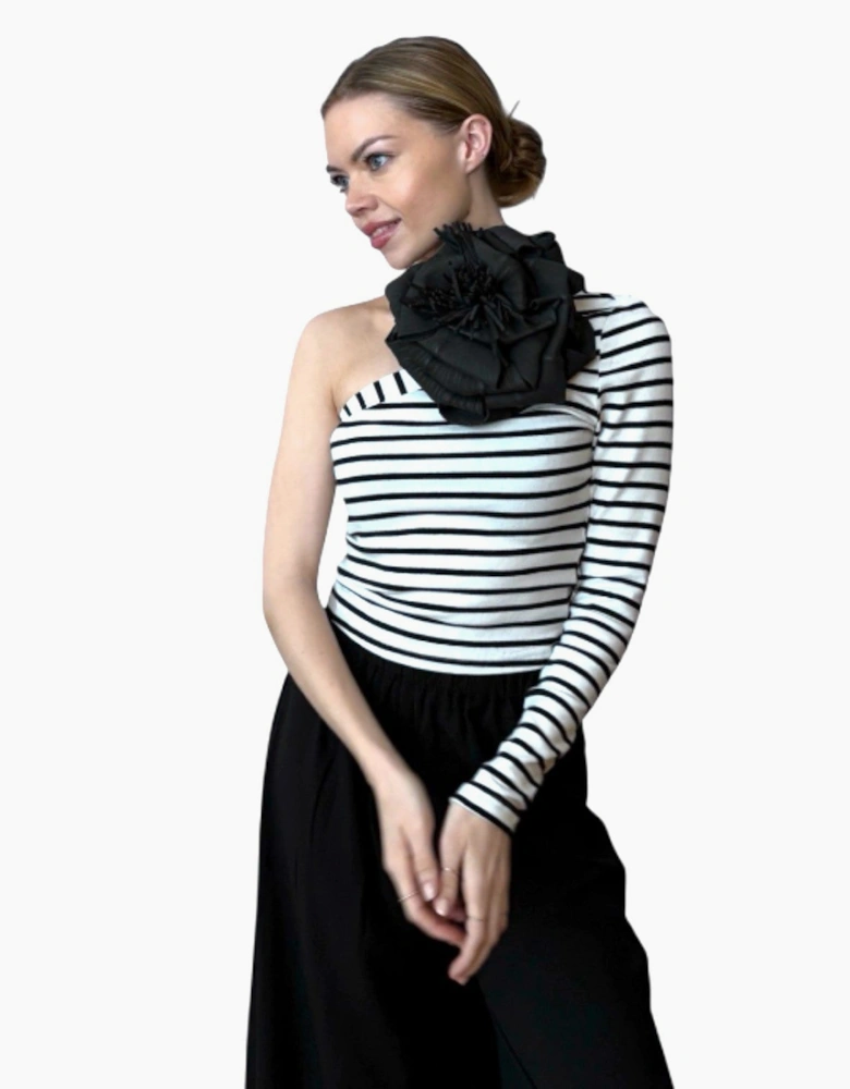 Striped One Sleeve Top With Black Flower Pin