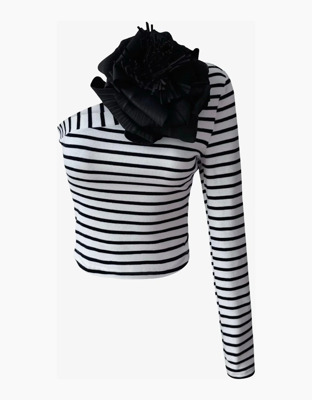 Striped One Sleeve Top With Black Flower Pin