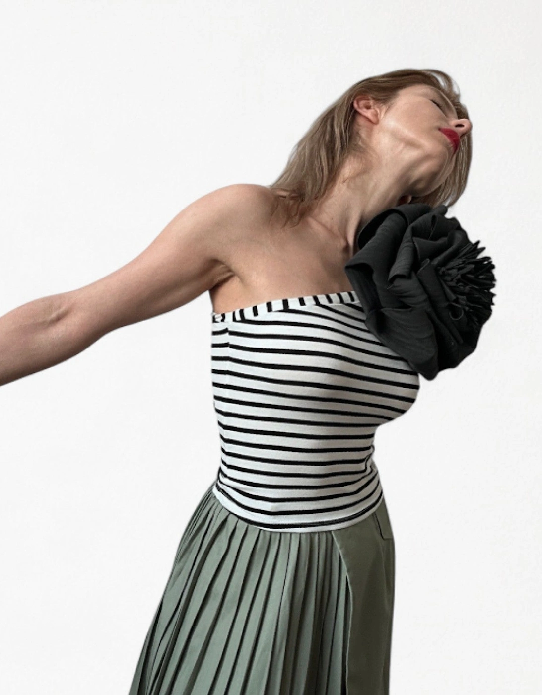 Striped One Sleeve Top With Black Flower Pin