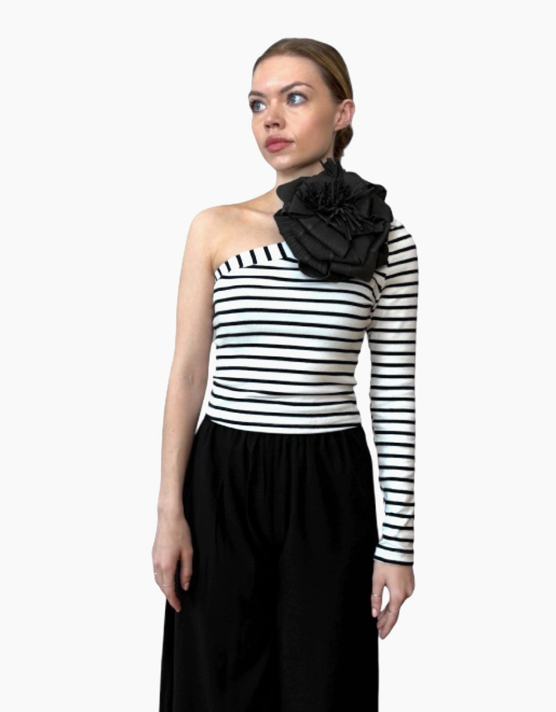 Striped One Sleeve Top With Black Flower Pin