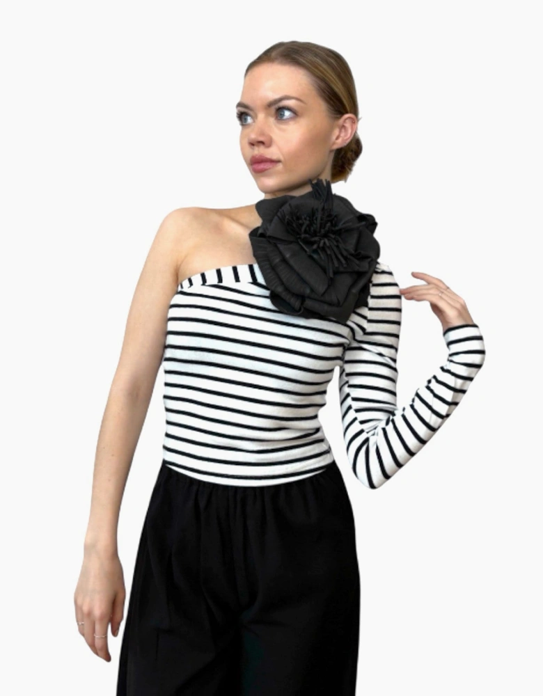 Striped One Sleeve Top With Black Flower Pin