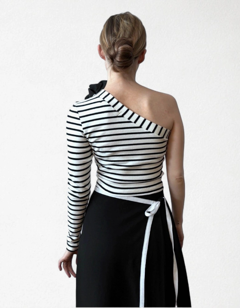 Striped One Sleeve Top With Black Flower Pin