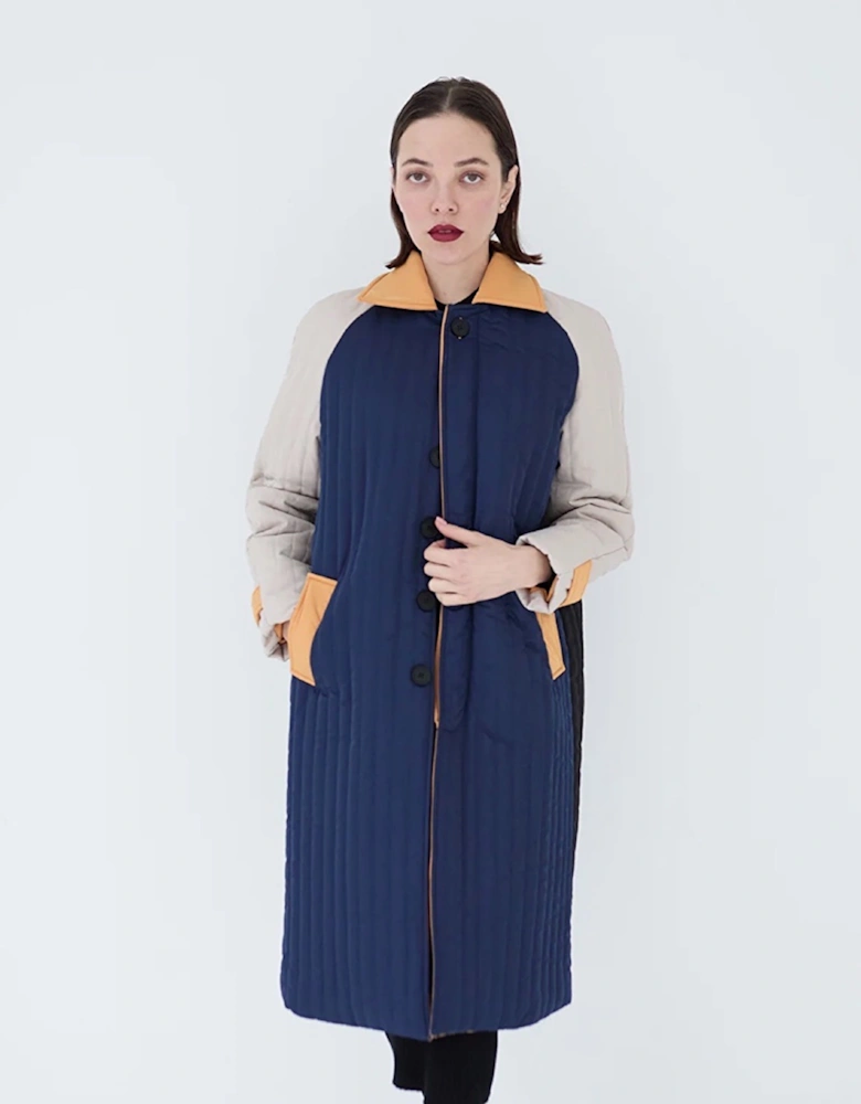 Navy Orange Patchwork Block Quilt Long Jacket