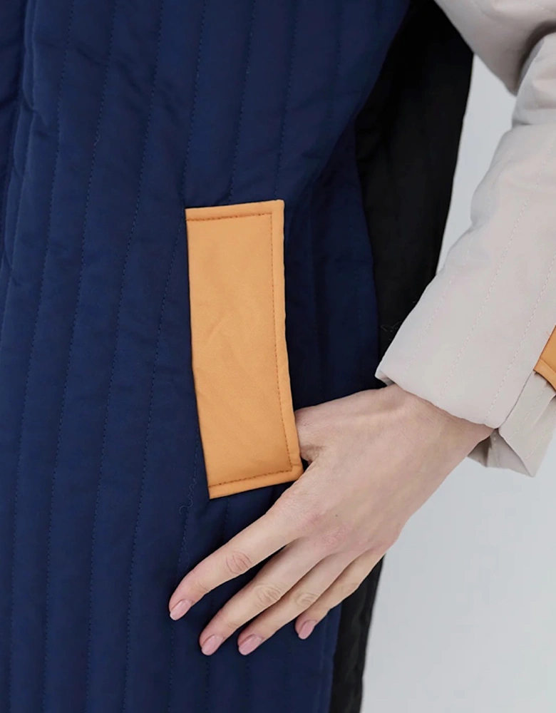 Navy Orange Patchwork Block Quilt Long Jacket