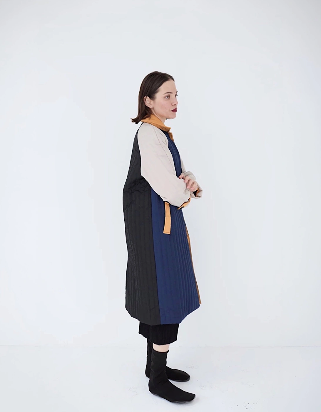 Navy Orange Patchwork Block Quilt Long Jacket
