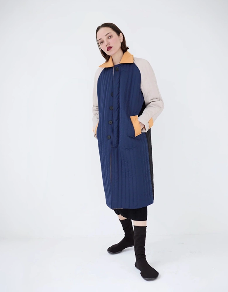 Navy Orange Patchwork Block Quilt Long Jacket