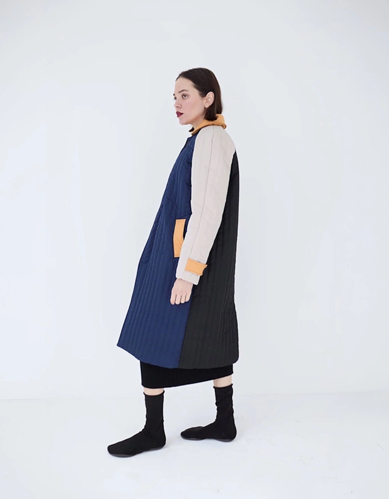 Navy Orange Patchwork Block Quilt Long Jacket