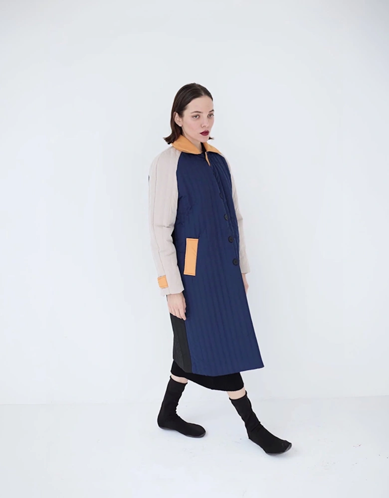 Navy Orange Patchwork Block Quilt Long Jacket