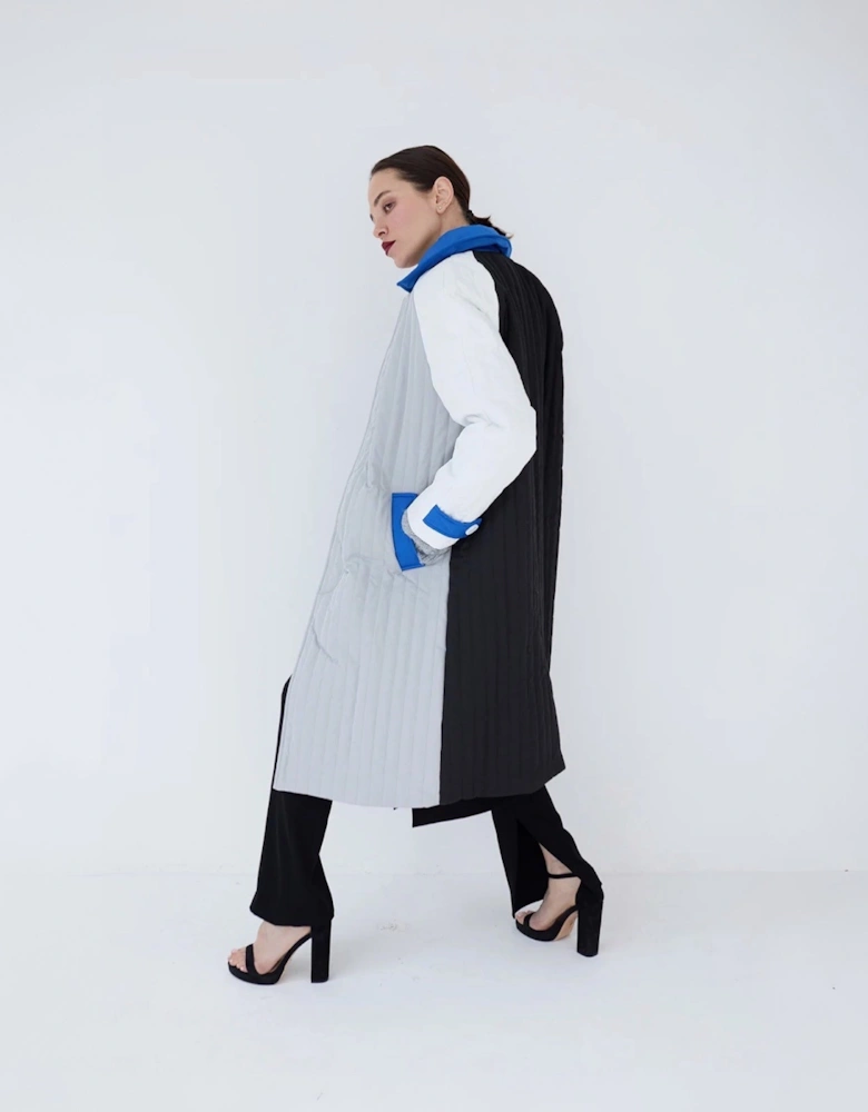 White Grey Patchwork Block Quilt Long Jacket