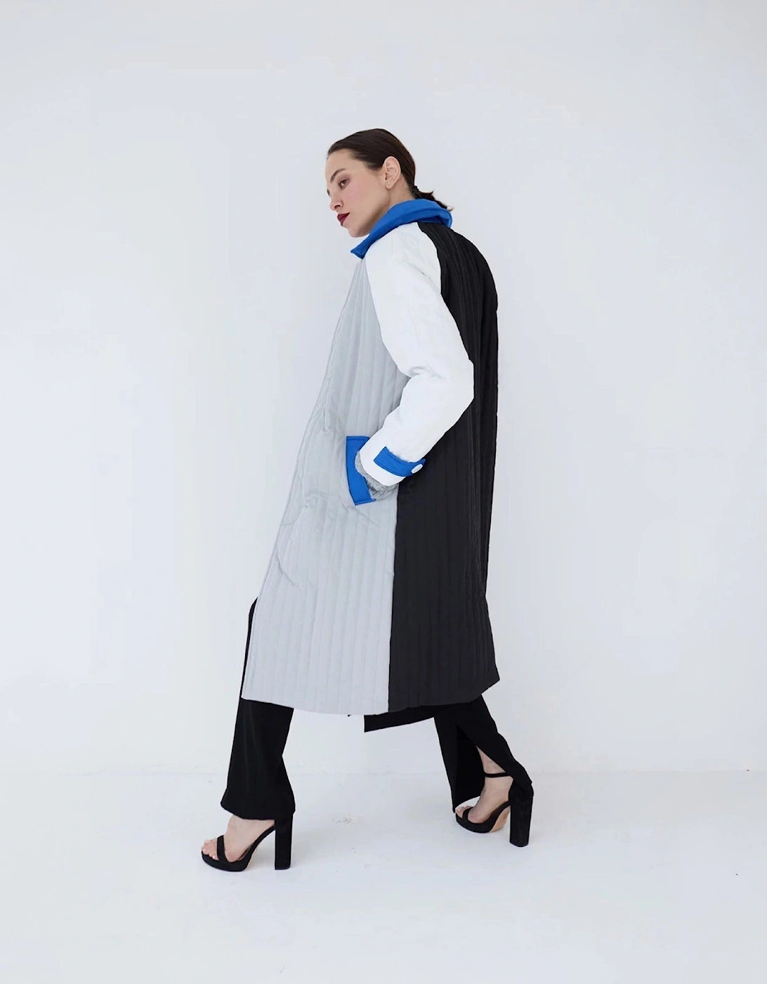 White Grey Patchwork Block Quilt Long Jacket