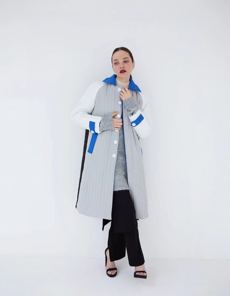 White Grey Patchwork Block Quilt Long Jacket