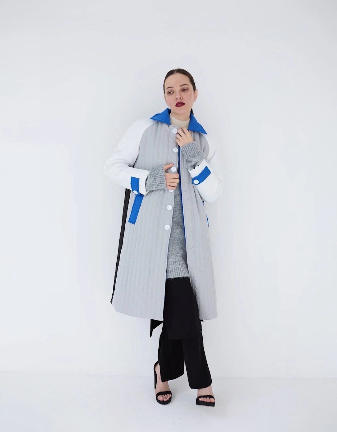 White Grey Patchwork Block Quilt Long Jacket
