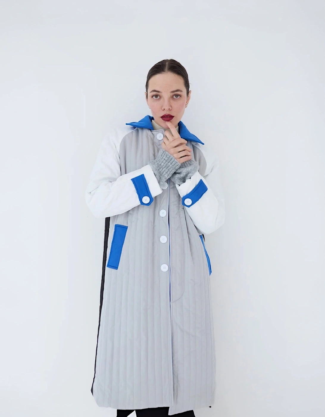 White Grey Patchwork Block Quilt Long Jacket