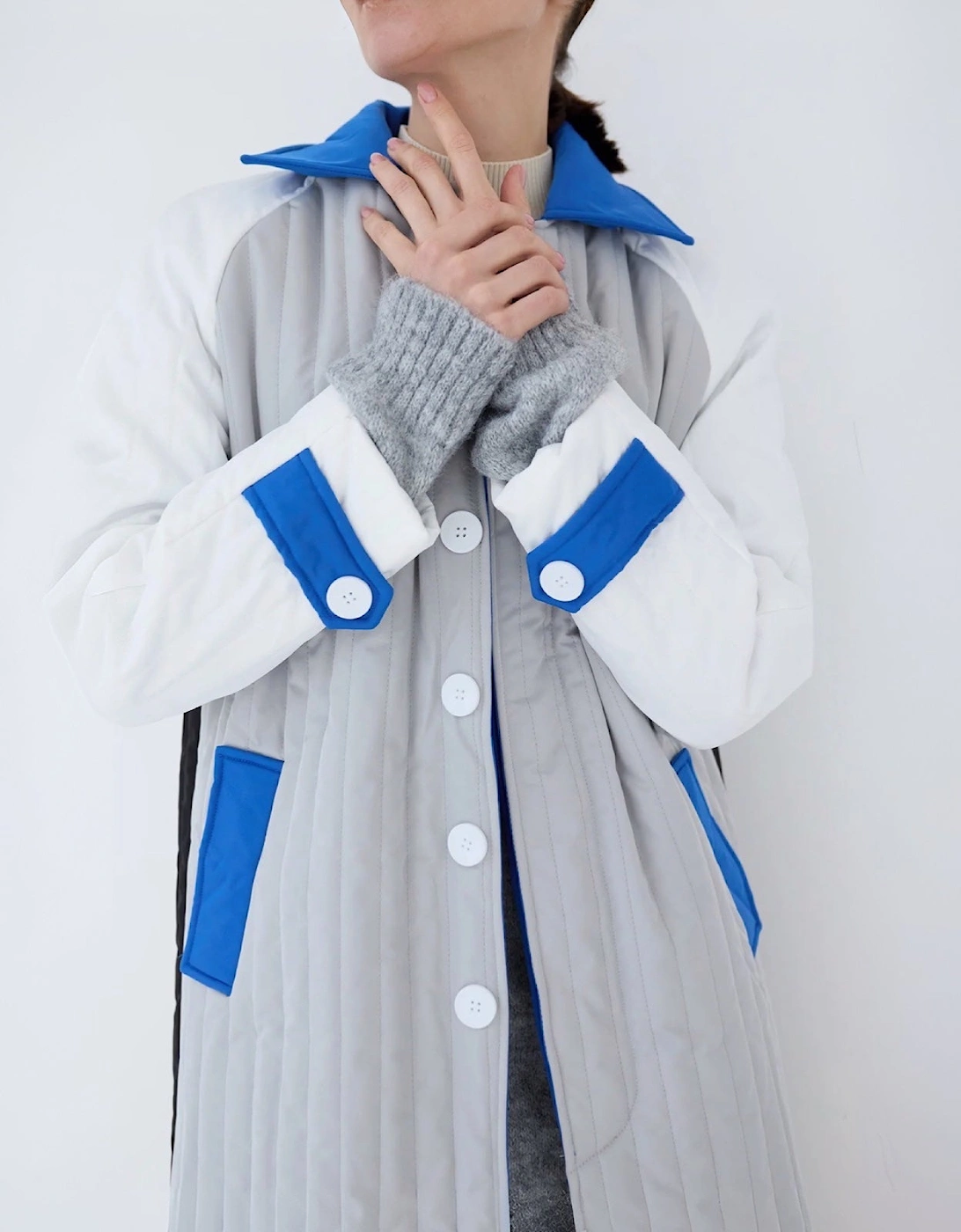 White Grey Patchwork Block Quilt Long Jacket