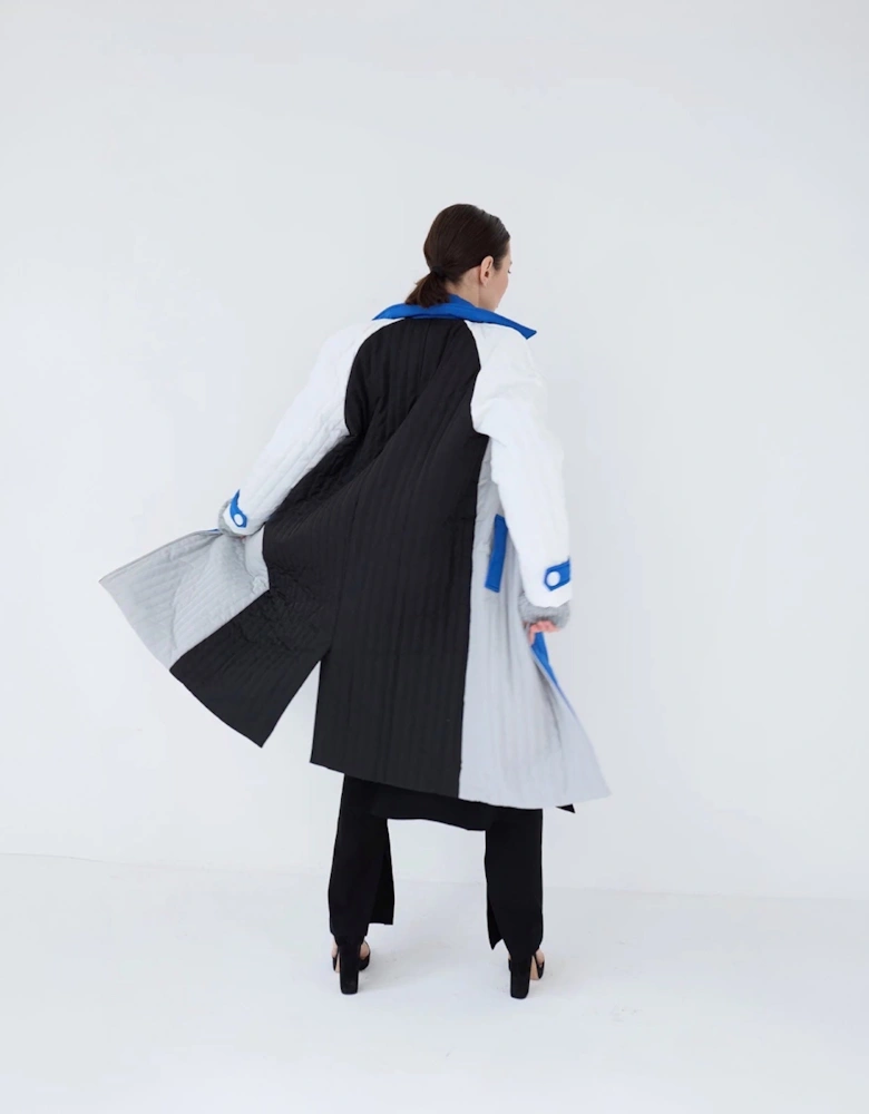 White Grey Patchwork Block Quilt Long Jacket