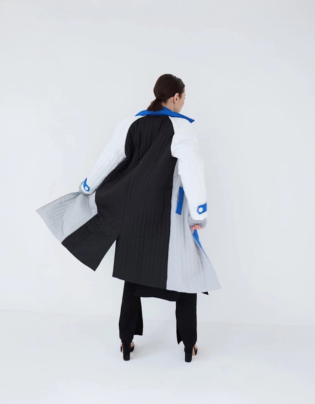 White Grey Patchwork Block Quilt Long Jacket