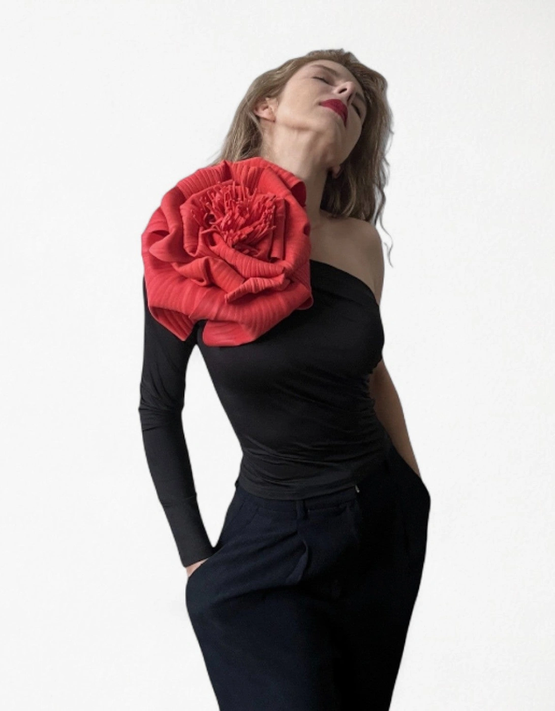 Black One Sleeve Top With Red Flower Pin