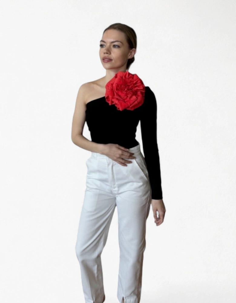 Black One Sleeve Top With Red Flower Pin