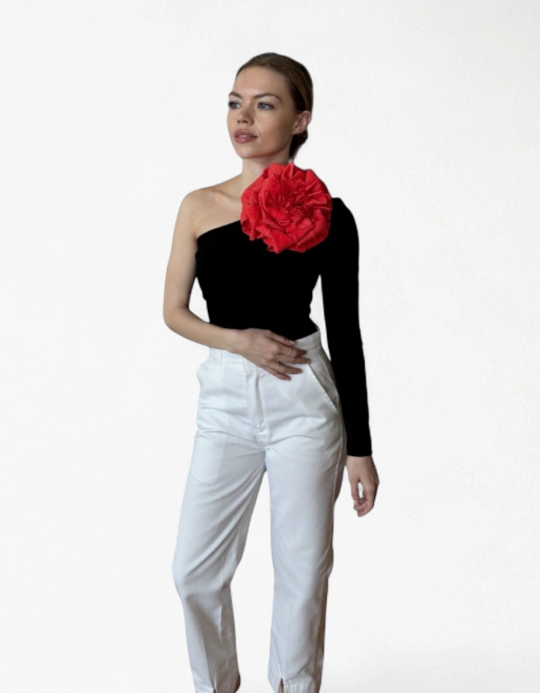 Black One Sleeve Top With Red Flower Pin