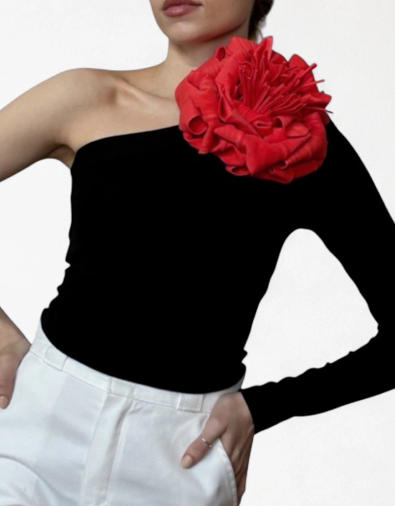 Black One Sleeve Top With Red Flower Pin