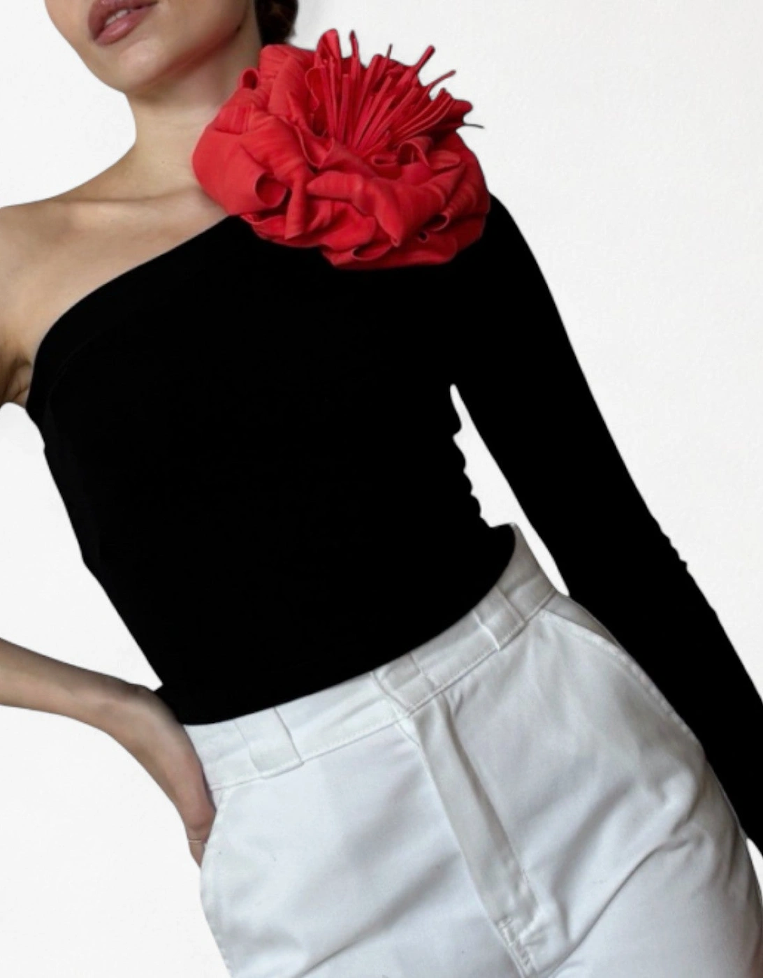 Black One Sleeve Top With Red Flower Pin
