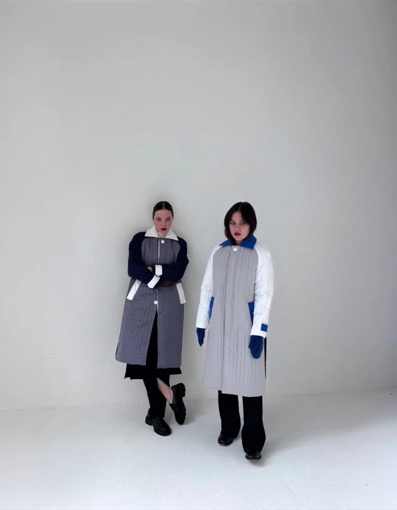 White Grey Patchwork Block Quilt Long Jacket