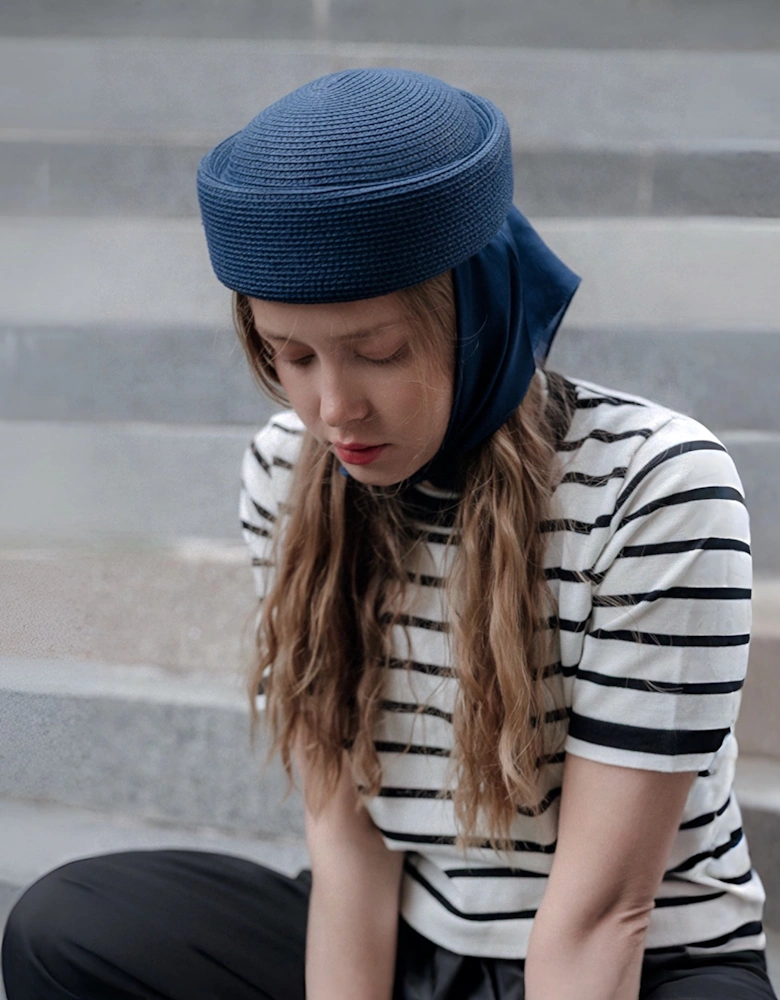 Navy Straw Pillbox Hat